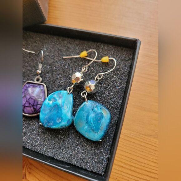 Gemstone Earrings Mother of Pearl Turquoise Purple Eclectic Dangle Set of Two - Picture 2 of 5